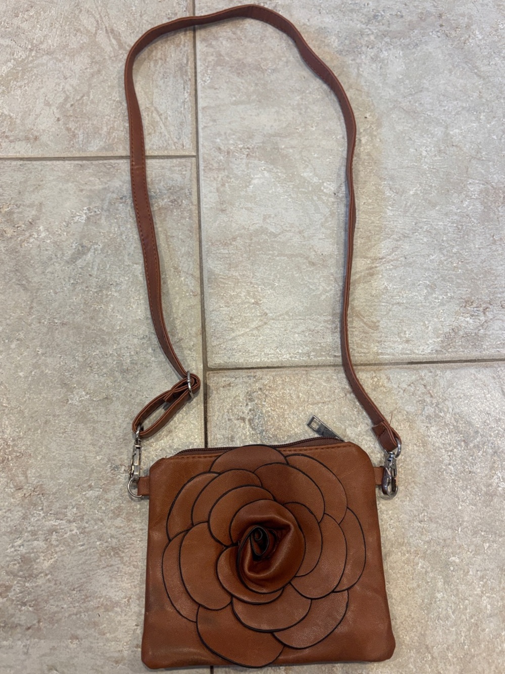 Brown Floral Leather Crossbody Bag